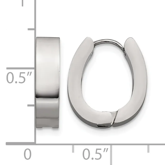 Pair of chunky polished silver-toned hinged hoop earrings shown with a measurement scale indicating approximately 0.5 inches in width.