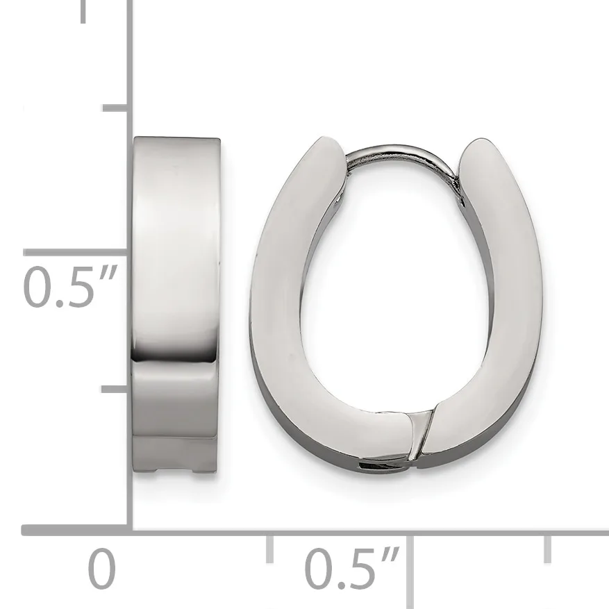 Pair of chunky polished silver-toned hinged hoop earrings shown with a measurement scale indicating approximately 0.5 inches in width.