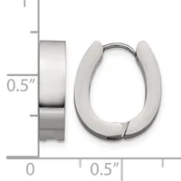 Pair of chunky polished silver-toned hinged hoop earrings shown with a measurement scale indicating approximately 0.5 inches in width.