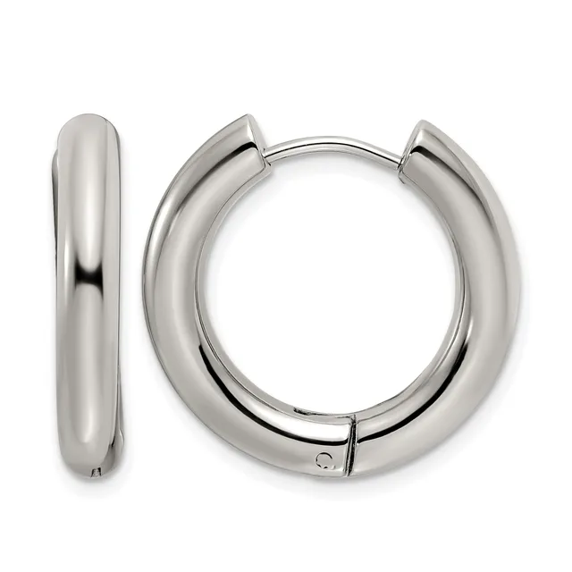 A pair of polished silver-tone chunky hoop earrings with a hinged post closure, shown from front and side views.