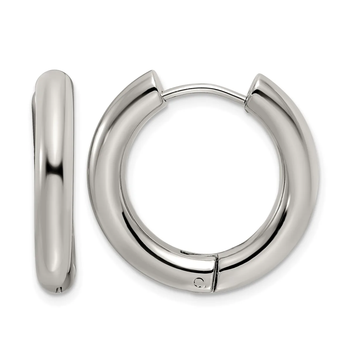 A pair of polished silver-tone chunky hoop earrings with a hinged post closure, shown from front and side views.