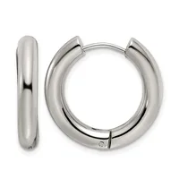 A pair of polished silver-tone chunky hoop earrings with a hinged post closure, shown from front and side views.