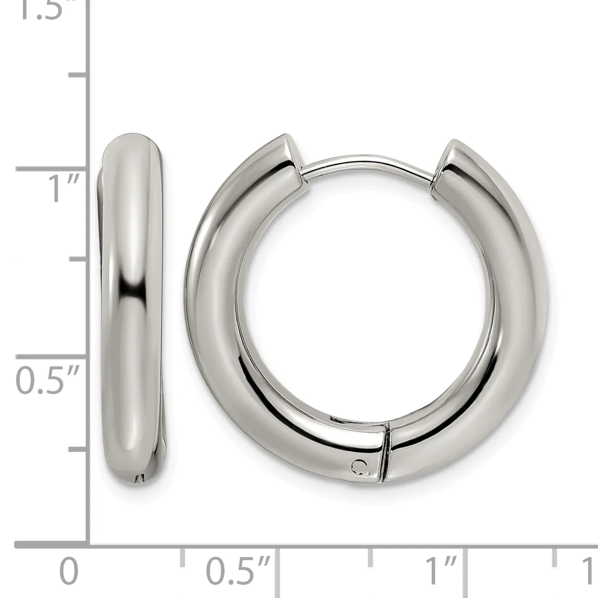 A pair of polished silver-toned chunky hoop earrings with hinged closures, shown next to a ruler for scale indicating approximately one inch in diameter.