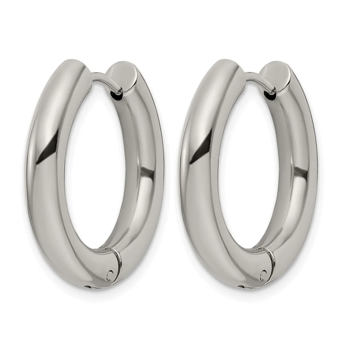 A pair of polished silver-tone chunky hoop earrings with a smooth, rounded profile and hinged closures, shown from the front.