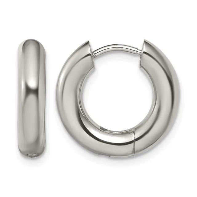 A pair of polished silver-tone chunky hoop earrings with a hinged closure, shown from front and side views.