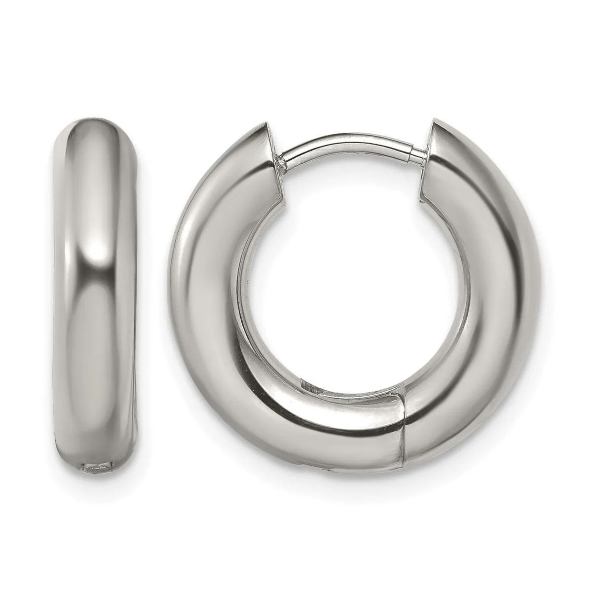 A pair of polished silver-tone chunky hoop earrings with a hinged closure, shown from front and side views.