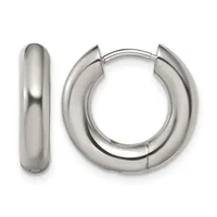 A pair of polished silver-tone chunky hoop earrings with a hinged closure, shown from front and side views.