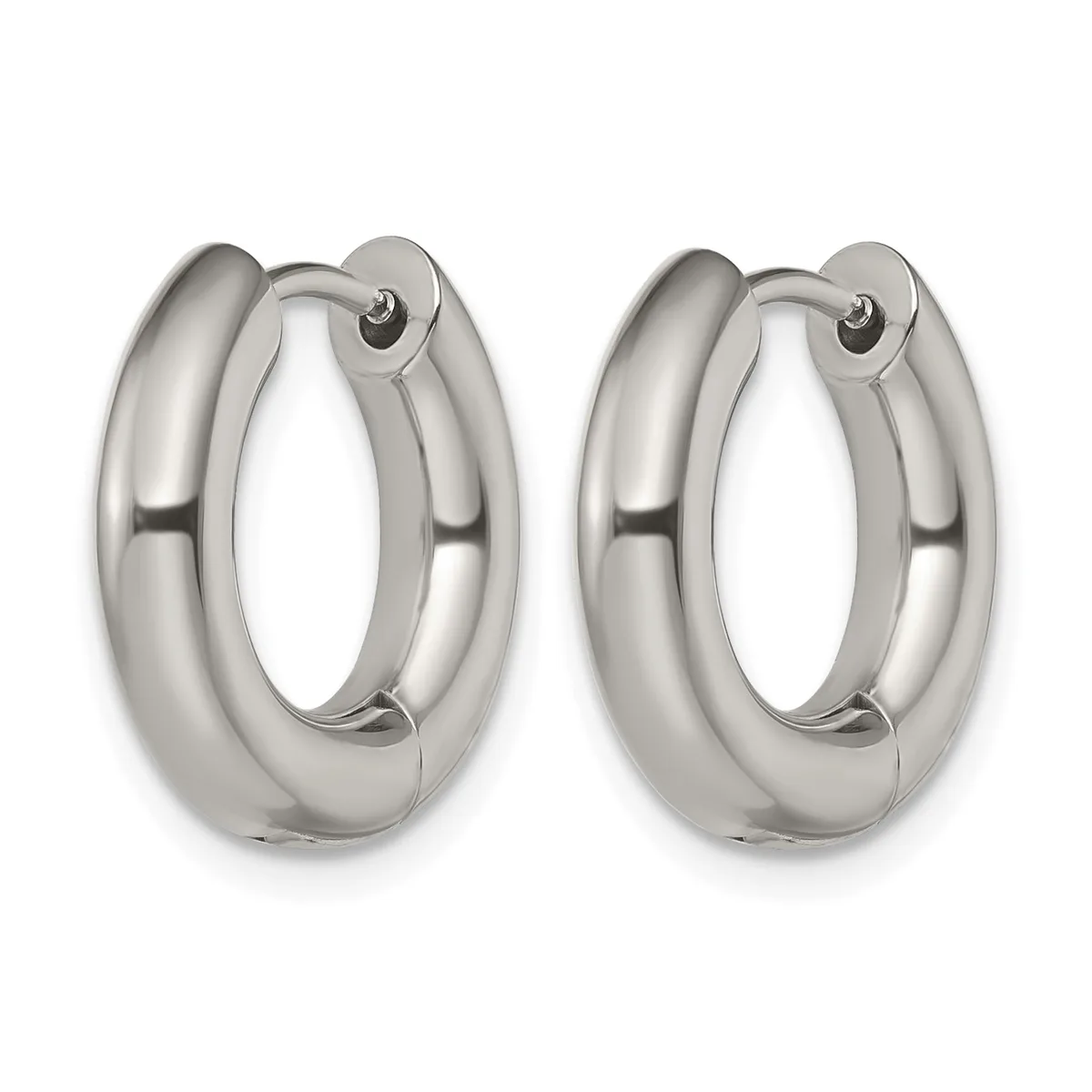 A pair of polished silver-toned chunky hoop earrings with a hinged closure, displayed side by side.