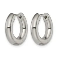 A pair of polished silver-toned chunky hoop earrings with a hinged closure, displayed side by side.