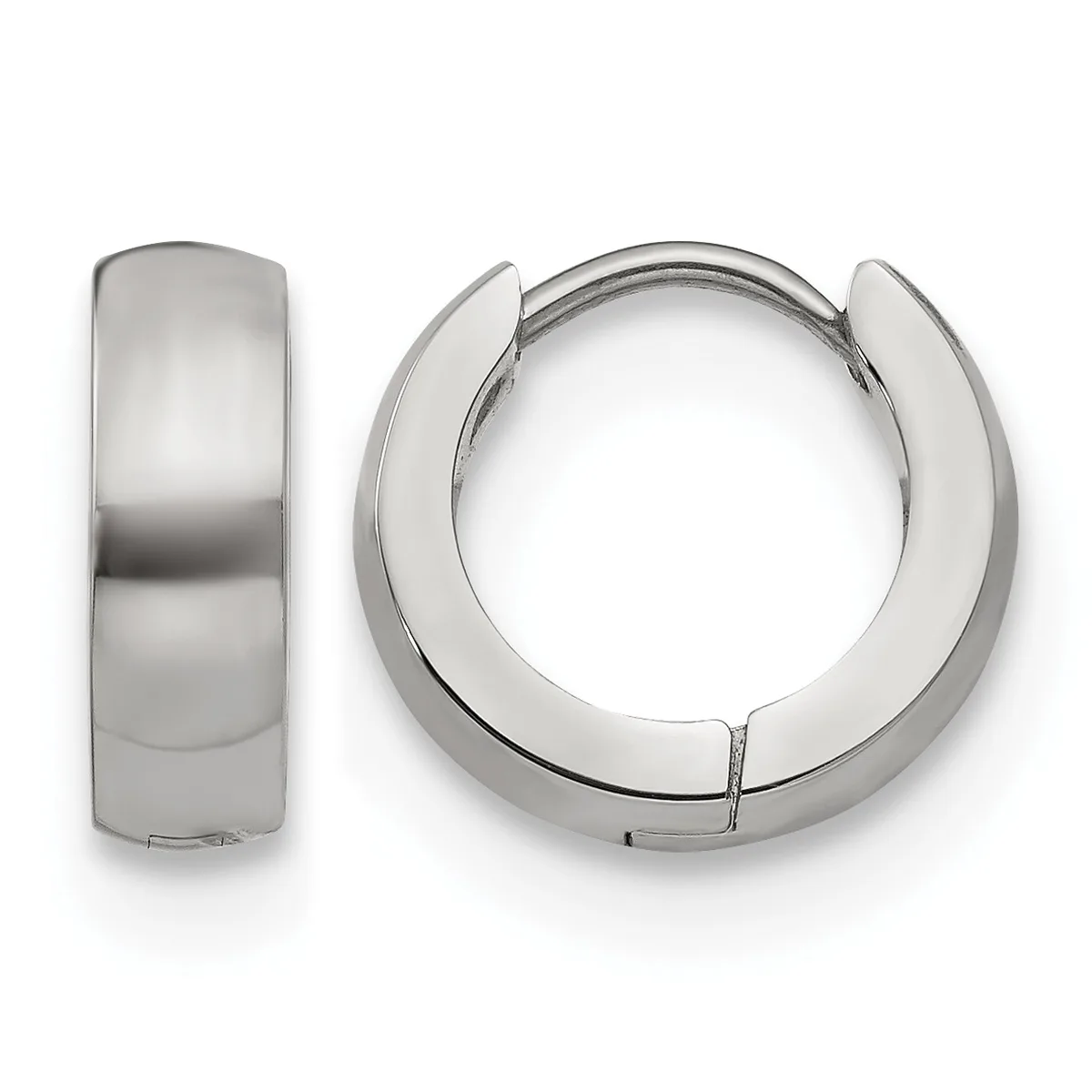 A pair of polished silver-toned chunky huggie hoop earrings shown from front and side views, featuring a hinged closure mechanism.