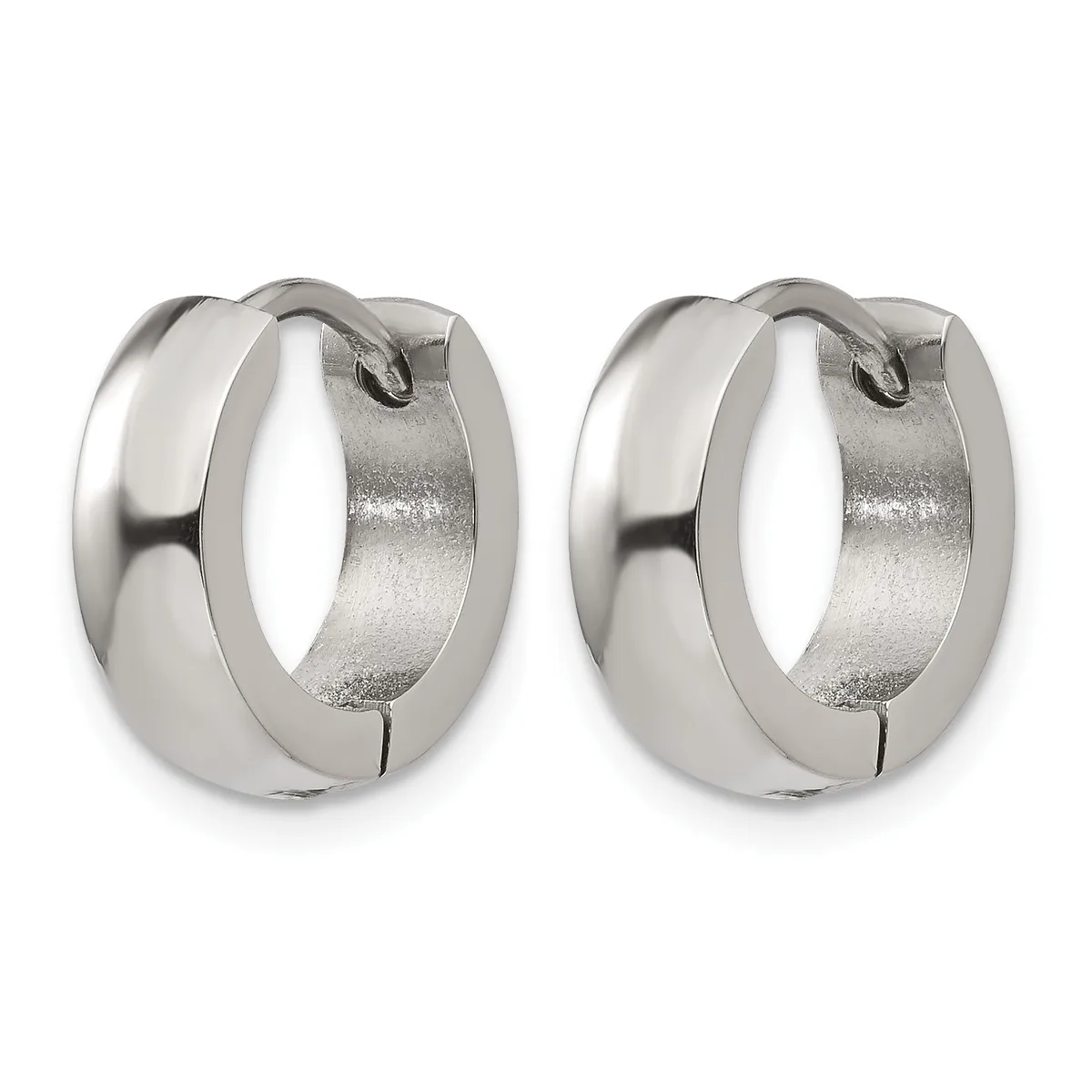 A pair of polished silver-tone chunky hoop earrings with a hinged clasp closure, shown from the front against a white background.
