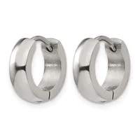 A pair of polished silver-tone chunky hoop earrings with a hinged clasp closure, shown from the front against a white background.