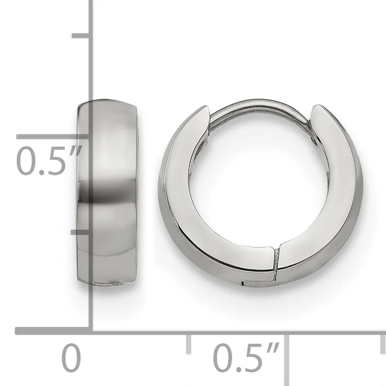 A pair of polished silver-toned chunky hoop earrings displayed against a measurement scale showing approximately 0.5 inches in width and depth.