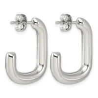 A pair of polished silver U-shaped hoop earrings with post and clutch backs displayed against a white background.