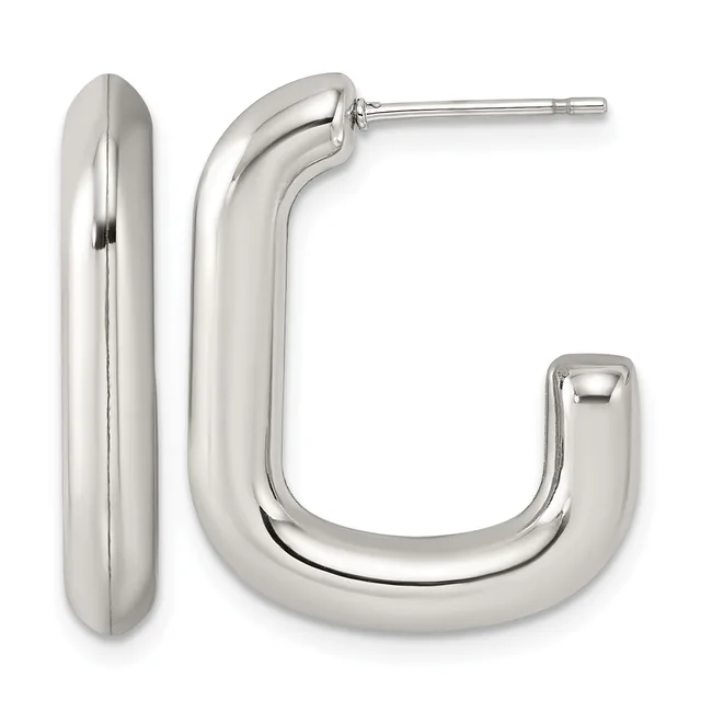 A pair of polished silver-toned chunky hoop earrings with a curved rectangular shape and post backs, shown from the front and side.
