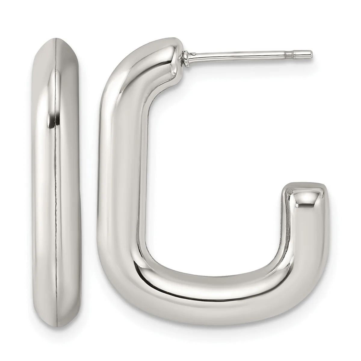 A pair of polished silver-toned chunky hoop earrings with a curved rectangular shape and post backs, shown from the front and side.