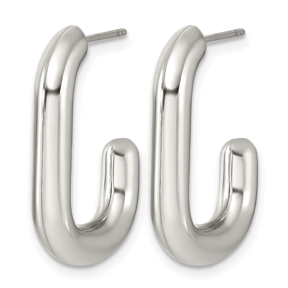 A pair of polished silver-toned chunky oval hoop earrings with post and clutch backs, shown from the front.