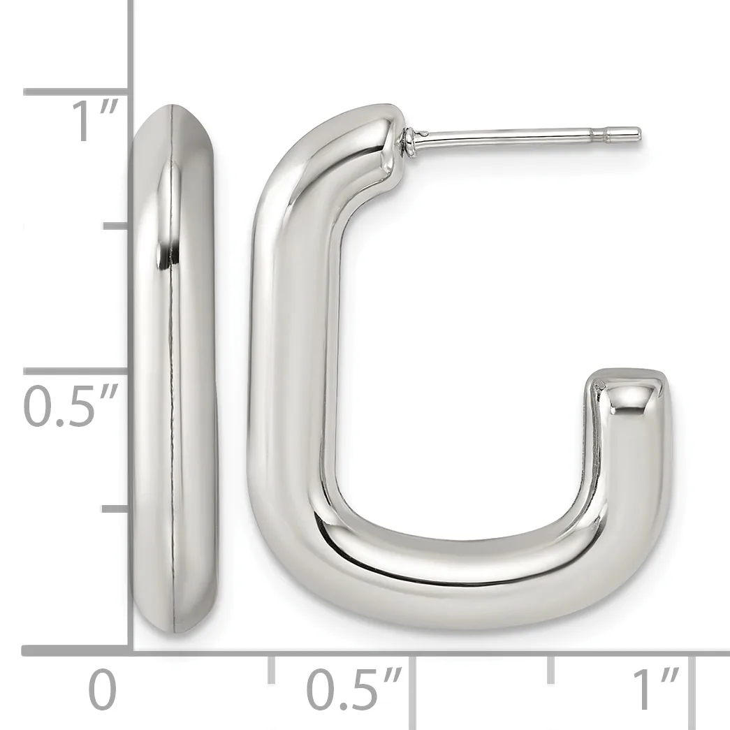 Polished silver-toned chunky rectangular hoop earrings shown with a measurement scale indicating approximately one inch in length and half inch in width.