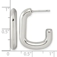 Polished silver-toned chunky rectangular hoop earrings shown with a measurement scale indicating approximately one inch in length and half inch in width.