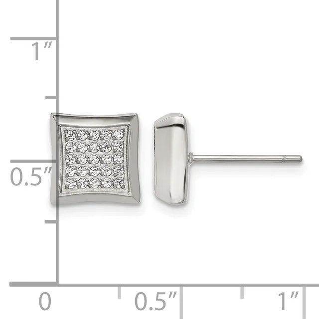 Square stud earrings with pave-set round diamonds in a curved frame, shown front and side view with measurement scale indicating approximately 0.5 inch width.