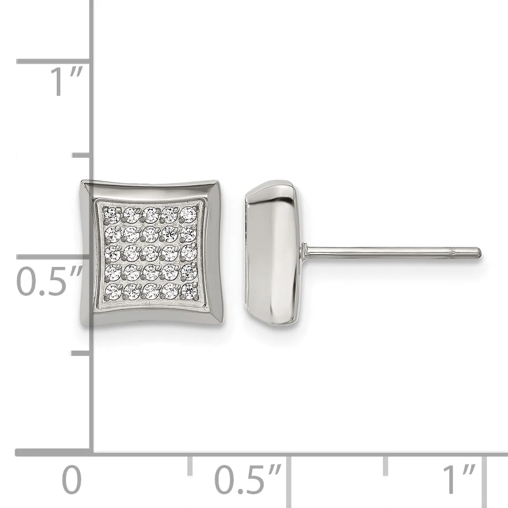 Square stud earrings with pave-set round diamonds in a curved frame, shown front and side view with measurement scale indicating approximately 0.5 inch width.