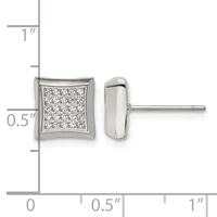 Square stud earrings with pave-set round diamonds in a curved frame, shown front and side view with measurement scale indicating approximately 0.5 inch width.