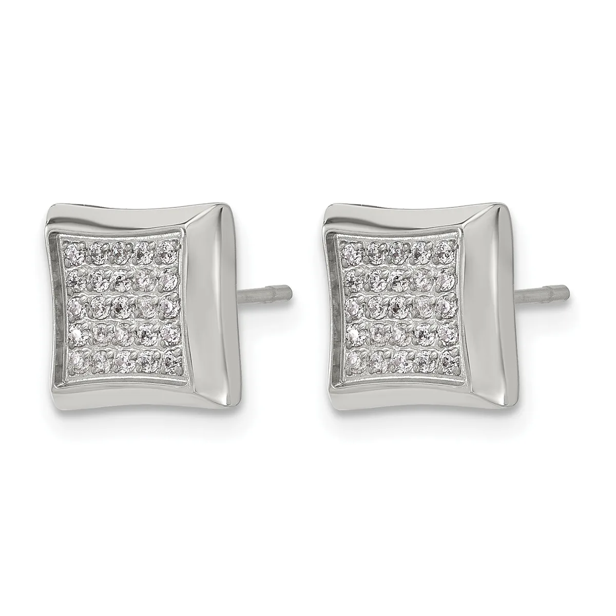 A pair of silver stud earrings with curved rectangular faces set with small diamonds arranged in rows, shown from the front.