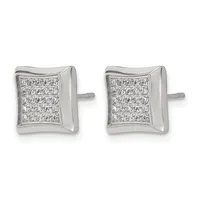 A pair of silver stud earrings with curved rectangular faces set with small diamonds arranged in rows, shown from the front.