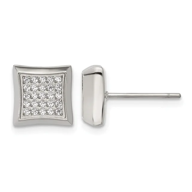 A pair of square stud earrings with curved edges set with multiple round diamonds in a grid pattern, shown from front and side views with posts and backs.