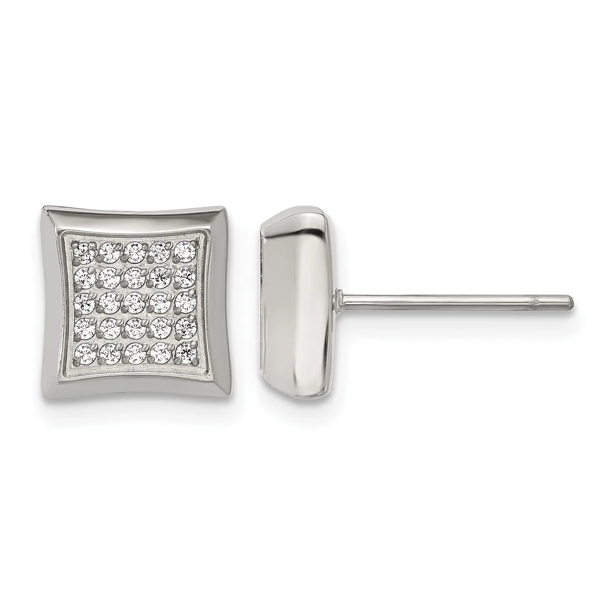 A pair of square stud earrings with curved edges set with multiple round diamonds in a grid pattern, shown from front and side views with posts and backs.