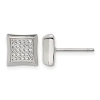 A pair of square stud earrings with curved edges set with multiple round diamonds in a grid pattern, shown from front and side views with posts and backs.