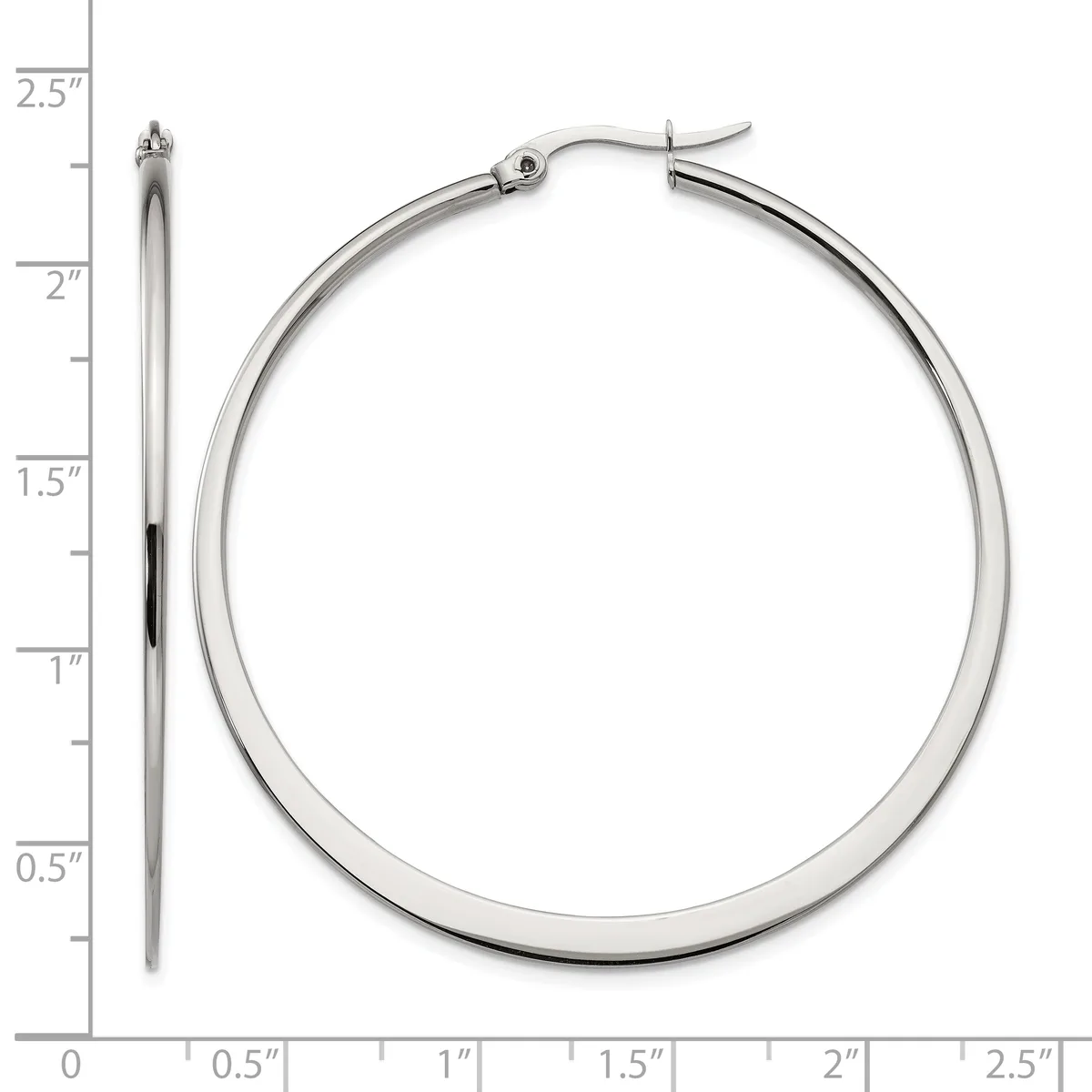 A pair of polished silver-toned hoop earrings displayed next to a ruler showing they measure approximately 2.5 inches in diameter.