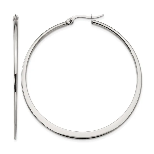A pair of polished silver-tone hoop earrings shown from front and side views, displaying their smooth tubular construction and hinged post closures.