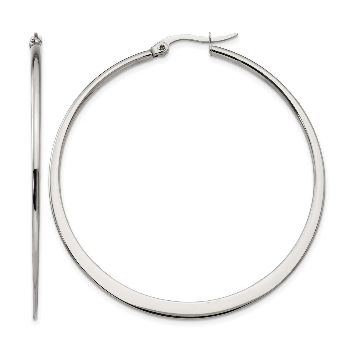 A pair of polished silver-tone hoop earrings shown from front and side views, displaying their smooth tubular construction and hinged post closures.