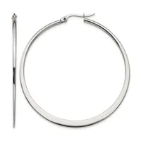 A pair of polished silver-tone hoop earrings shown from front and side views, displaying their smooth tubular construction and hinged post closures.