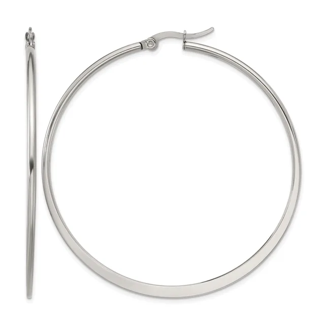 A pair of polished silver-toned hoop earrings with a hinged post closure, shown from the front and side view.