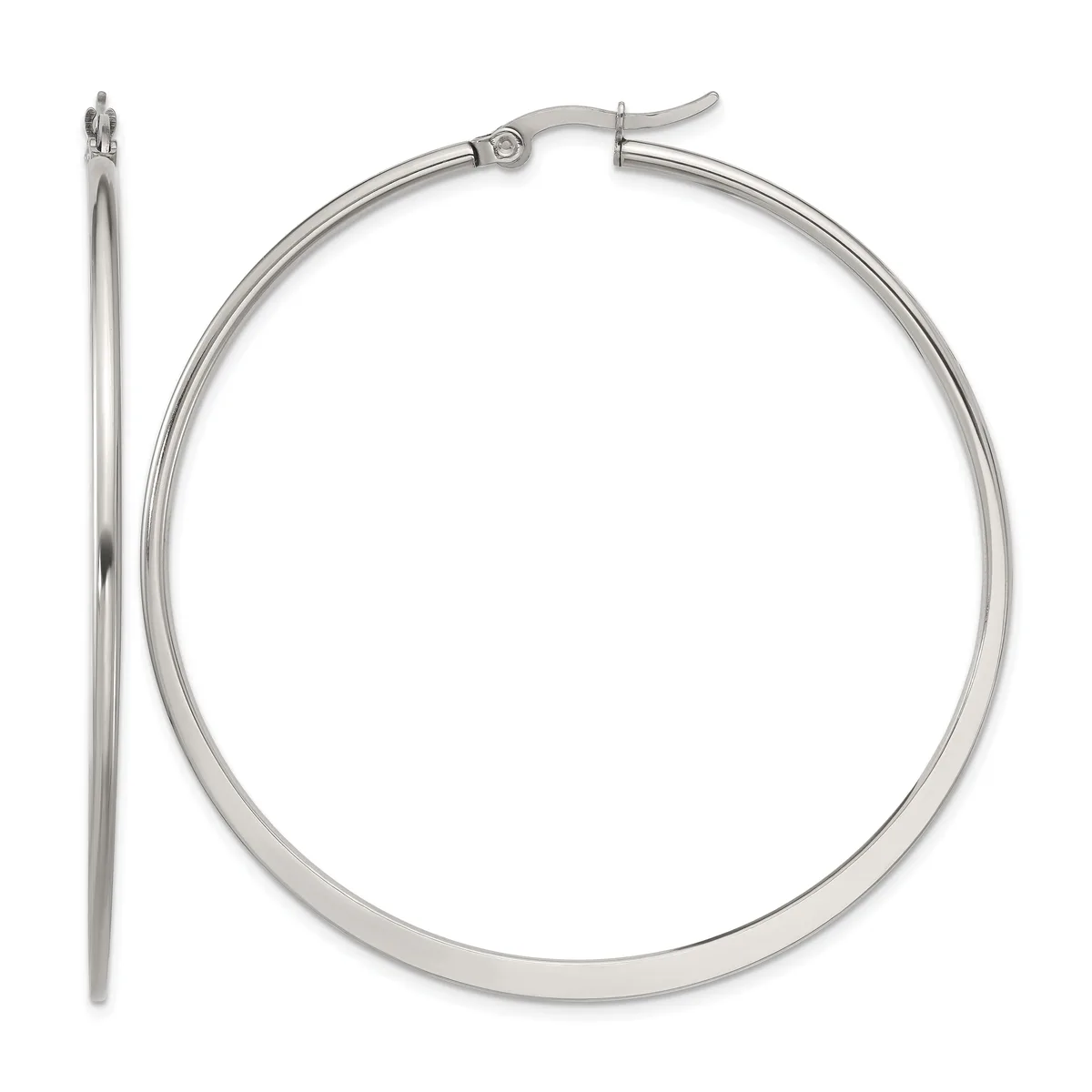 A pair of polished silver-toned hoop earrings with a hinged post closure, shown from the front and side view.
