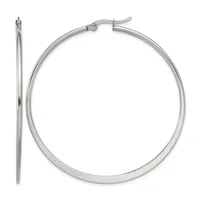 A pair of polished silver-toned hoop earrings with a hinged post closure, shown from the front and side view.