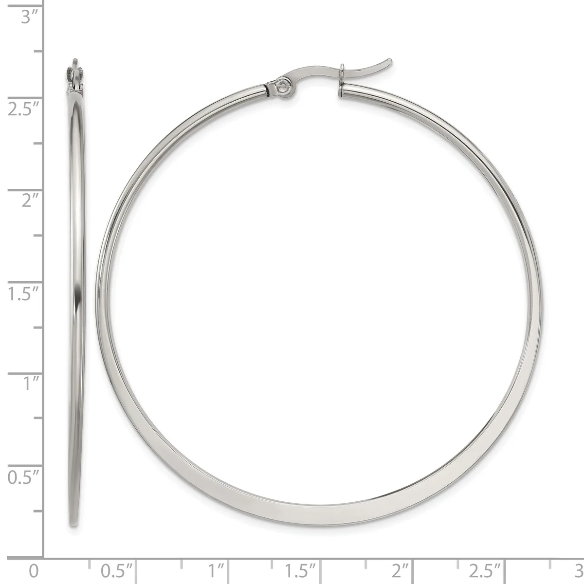 A pair of silver hoop earrings with a hinged closure, shown next to a ruler indicating they measure approximately 2.5 inches in diameter.