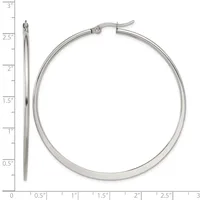 A pair of silver hoop earrings with a hinged closure, shown next to a ruler indicating they measure approximately 2.5 inches in diameter.