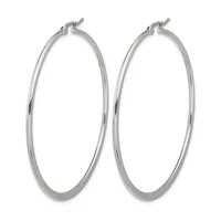 A pair of polished silver-toned hoop earrings with a smooth, rounded profile and hinged closures, displayed side by side.