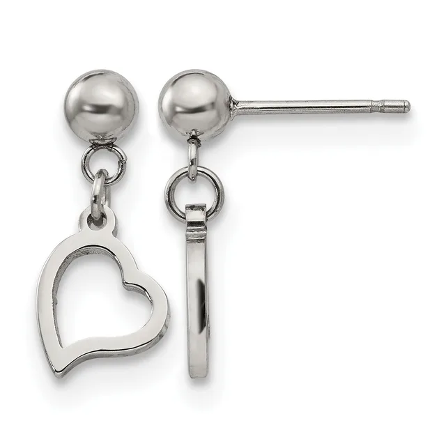 Pair of silver-toned stud earrings with polished ball tops and dangling heart charms suspended from small rings.
