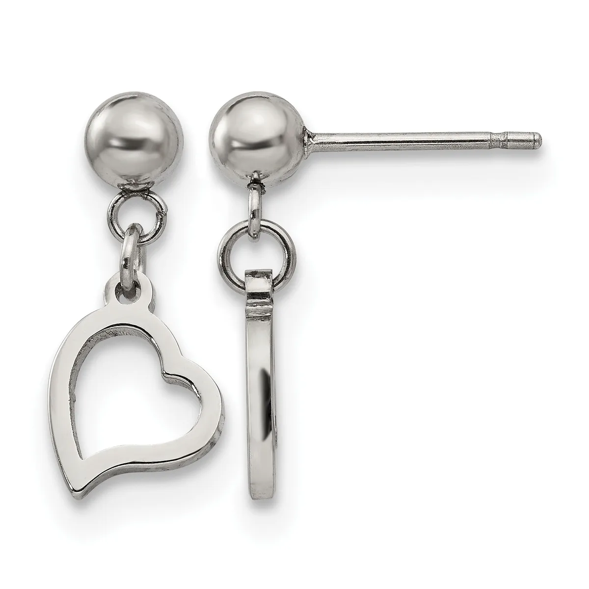Pair of silver-toned stud earrings with polished ball tops and dangling heart charms suspended from small rings.