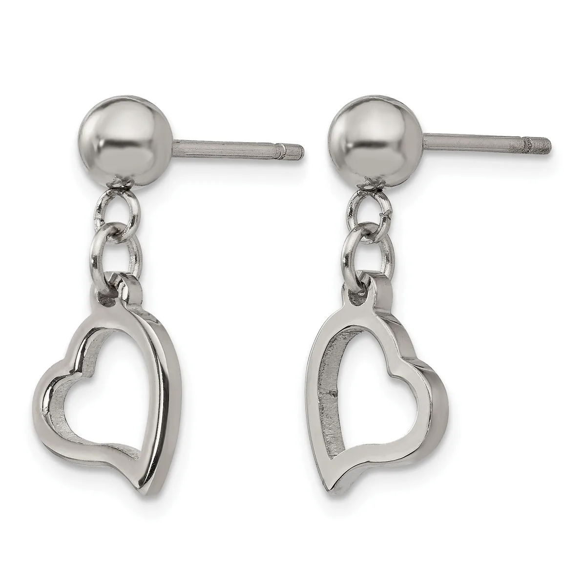 Pair of stainless steel dangle earrings with polished ball studs, delicate chain links, and open heart-shaped pendants.