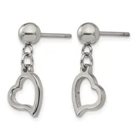 Pair of stainless steel dangle earrings with polished ball studs, delicate chain links, and open heart-shaped pendants.