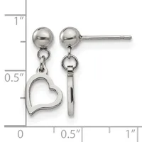 A pair of silver-toned dangle earrings with polished ball studs and heart-shaped charms, displayed against a measurement scale showing approximately one inch in length.