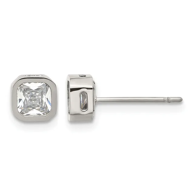 Pair of silver stud earrings with bezel-set square-cut clear gemstones, shown from front and side views.