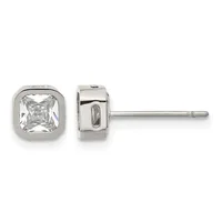 Pair of silver stud earrings with bezel-set square-cut clear gemstones, shown from front and side views.