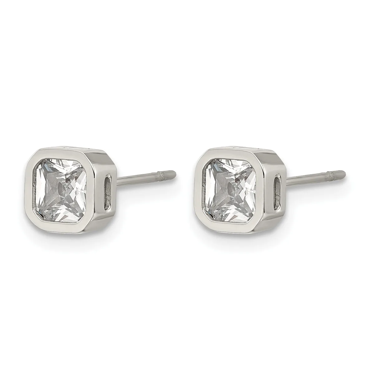 Pair of silver stud earrings with square bezels containing clear rectangular-cut gemstones, shown from the front.