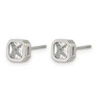 Pair of silver stud earrings with square bezels containing clear rectangular-cut gemstones, shown from the front.